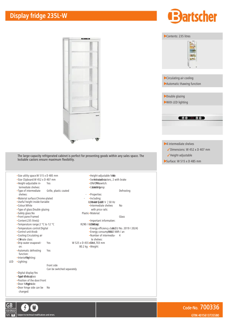 Page 1 de la notice Fiche technique Bartscher 700336
