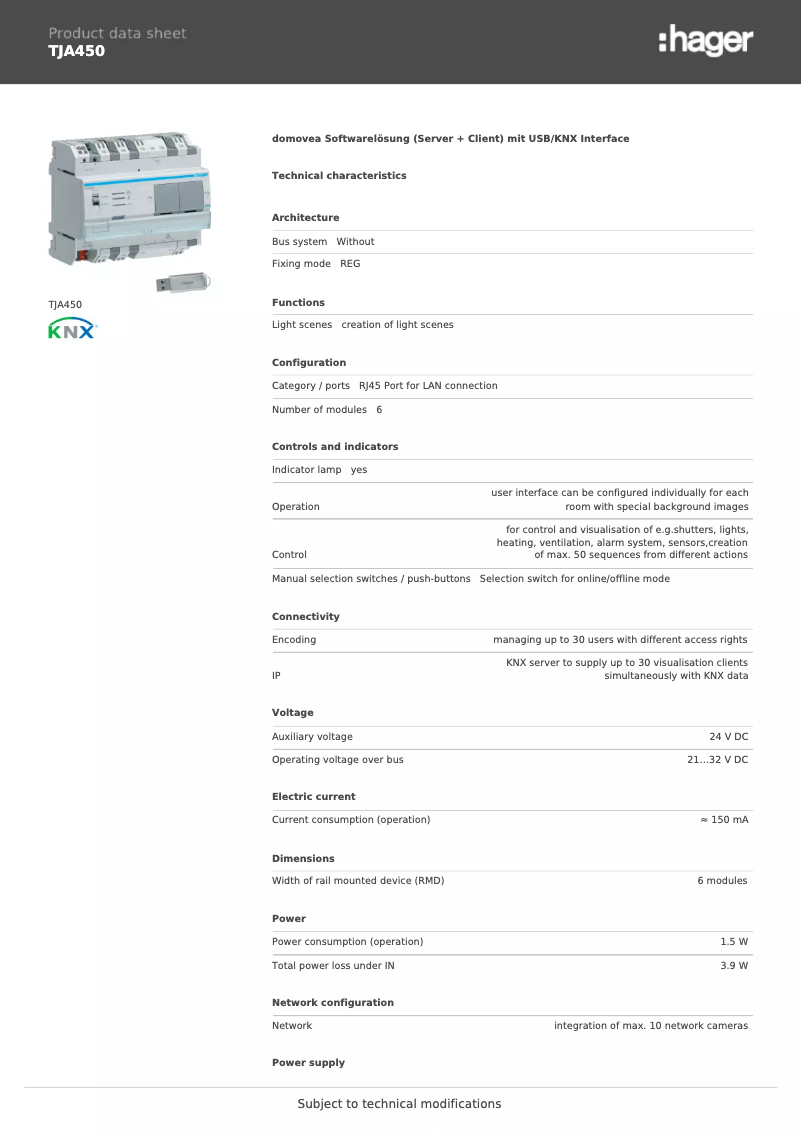 Page 1 of the manual Technical Sheet Hager TJA450