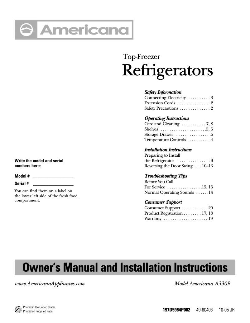 Page 1 of the manual User Manual Americana A3309AASWW