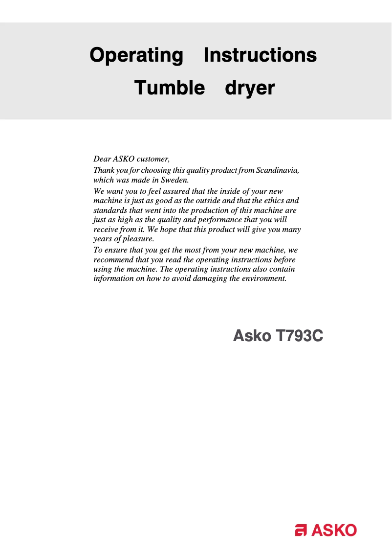 Page 1 of the manual User Manual Asko T793C