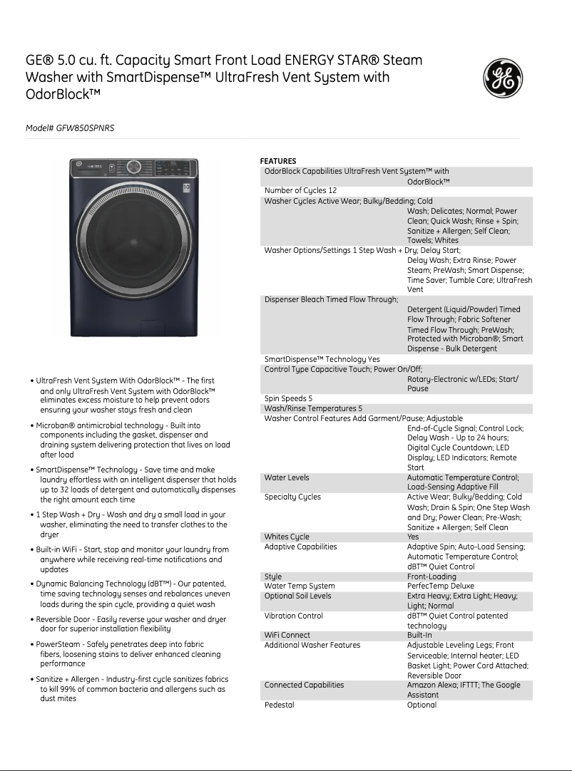Page 1 of the manual Technical Sheet GE GFW850SPNDG