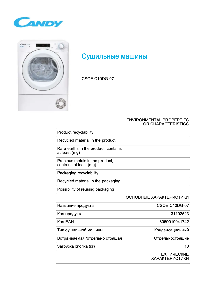 Page 1 of the manual Technical Sheet Candy CSOE C10DG-07