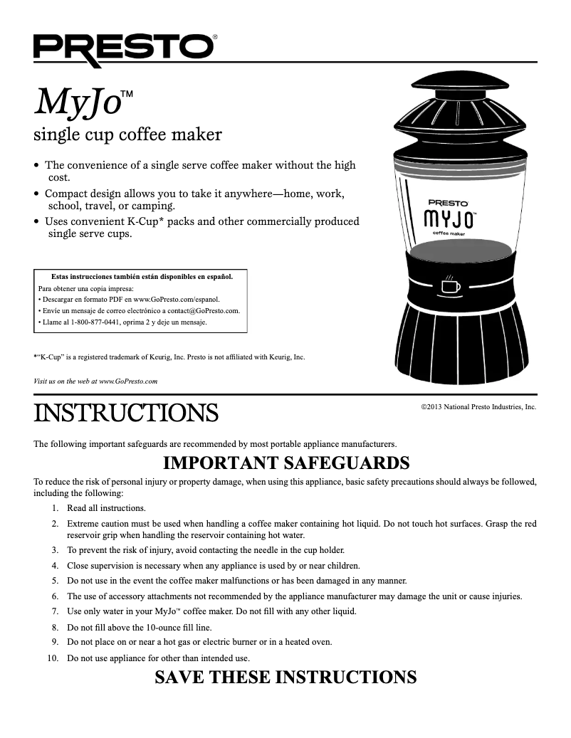 Page 1 of the manual User Manual Presto MyJo 02835
