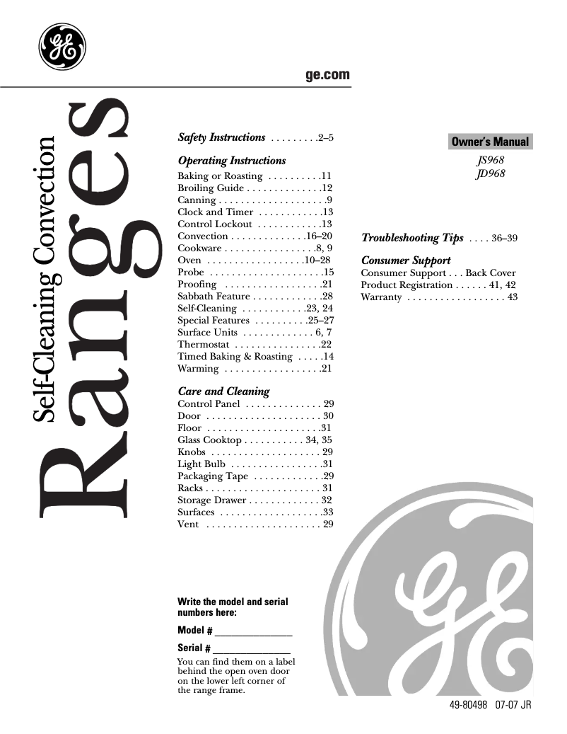 First page image of the manual for Profile JS968TFWW