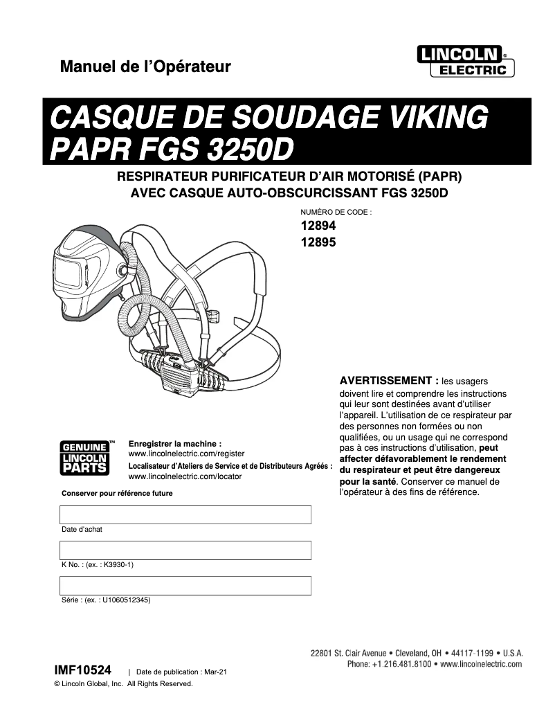Page 1 de la notice Manuel utilisateur Lincoln Electric Viking PAPR FGS 3250D