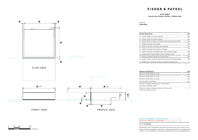 Page 1 of the manual Technical Sheet Fisher & Paykel VB60SDEB1