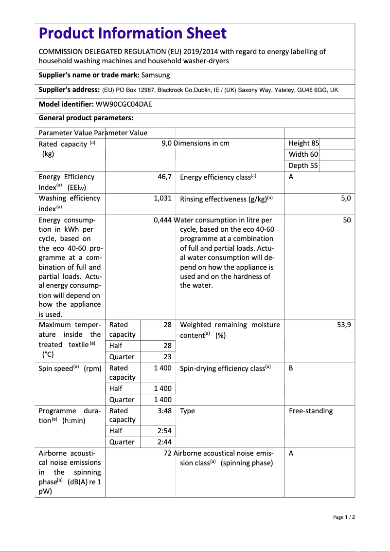 Page 1 of the manual Technical Sheet Samsung WW90CGC04DAE