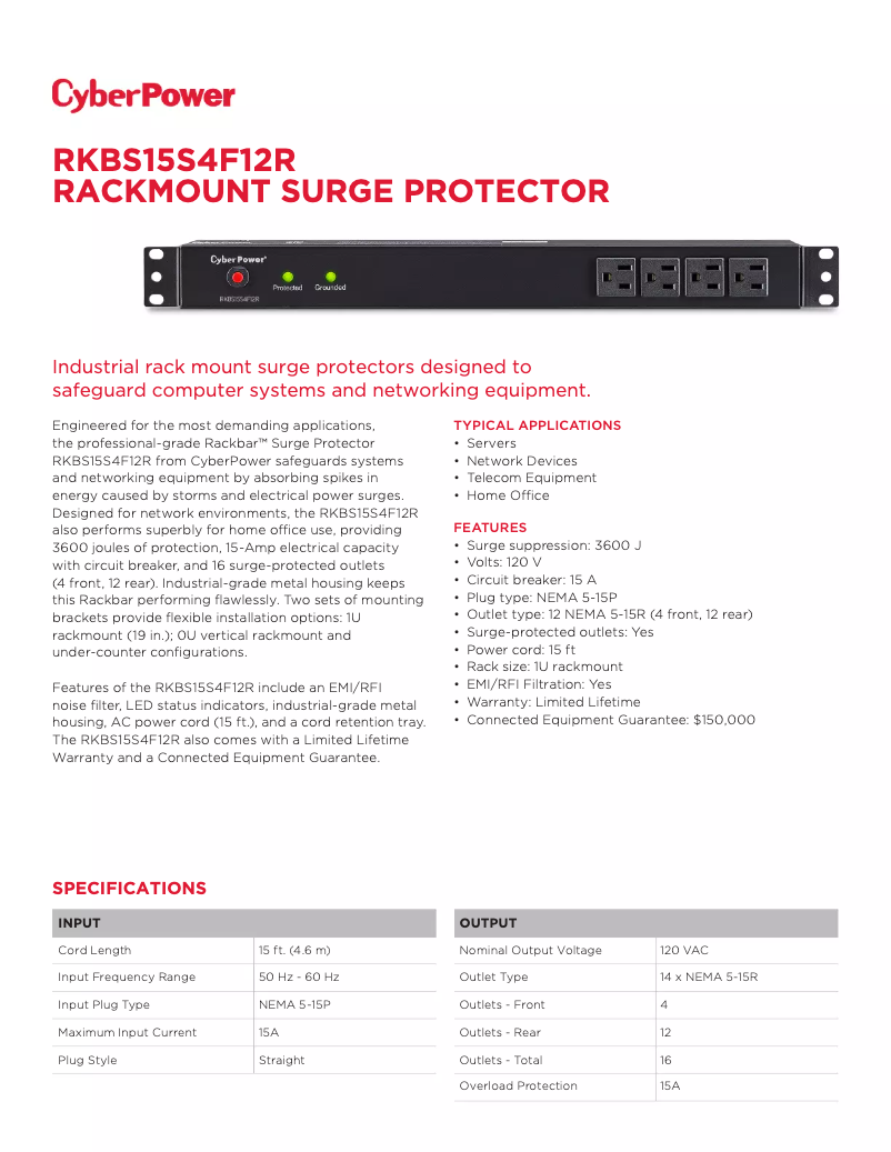 Page 1 of the manual Technical Sheet CyberPower Rackbar RKBS15S4F12R