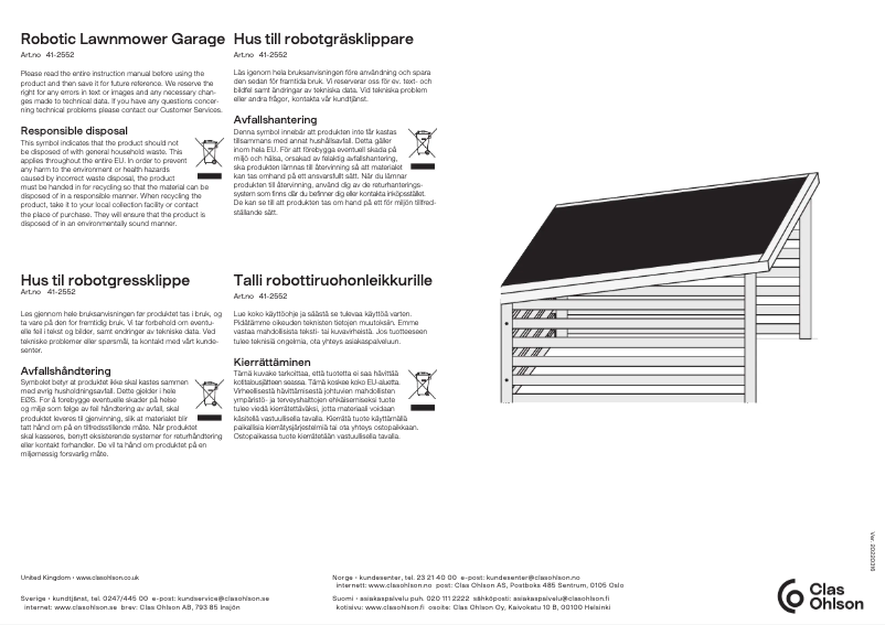 Page 1 de la notice Manuel utilisateur Clas Ohlson Robotic lawnmower Garage