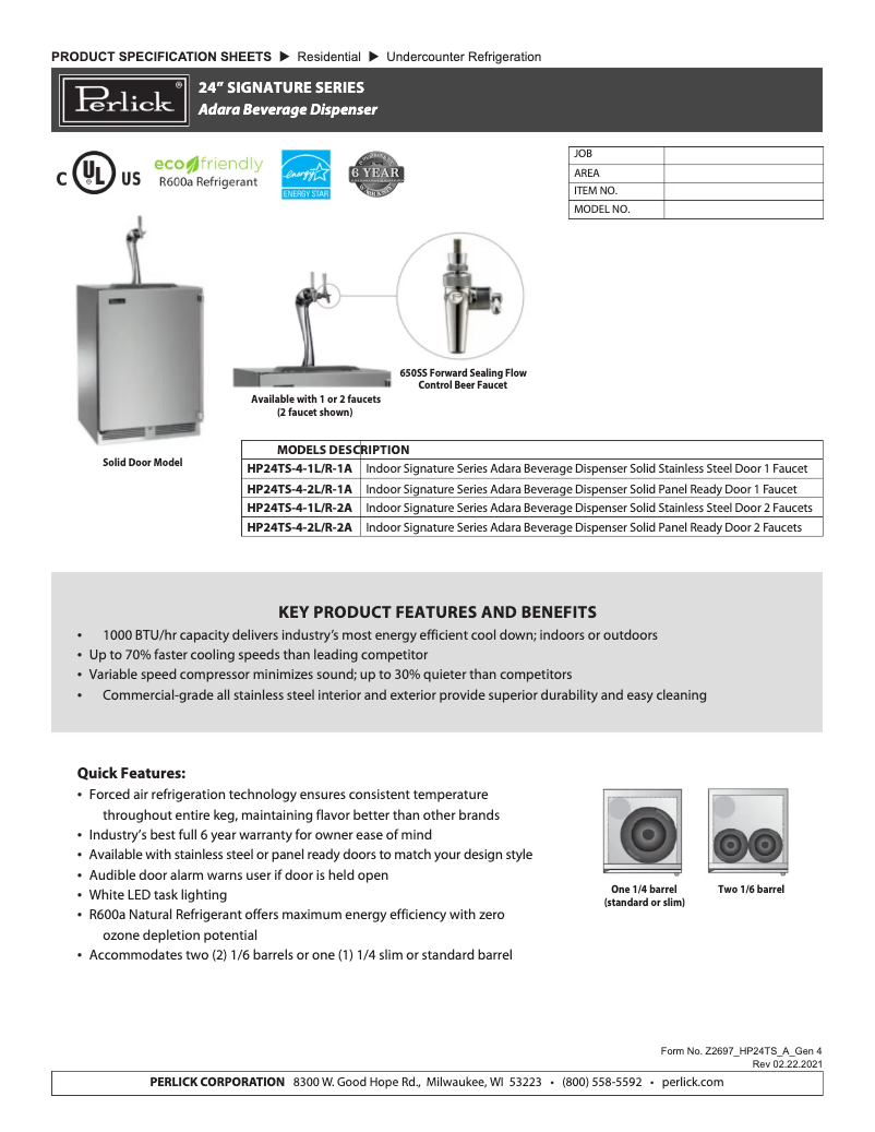 Page 1 of the manual Technical Sheet Perlick HP24TS-4-2L-2A
