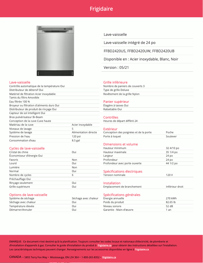 Page 1 of the manual Technical Sheet Frigidaire FFBD2420UB