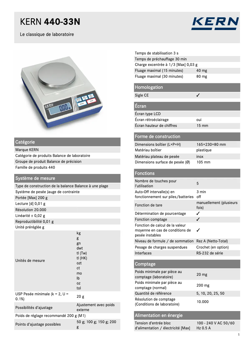 Page 1 of the manual Technical Sheet Kern 440-33N