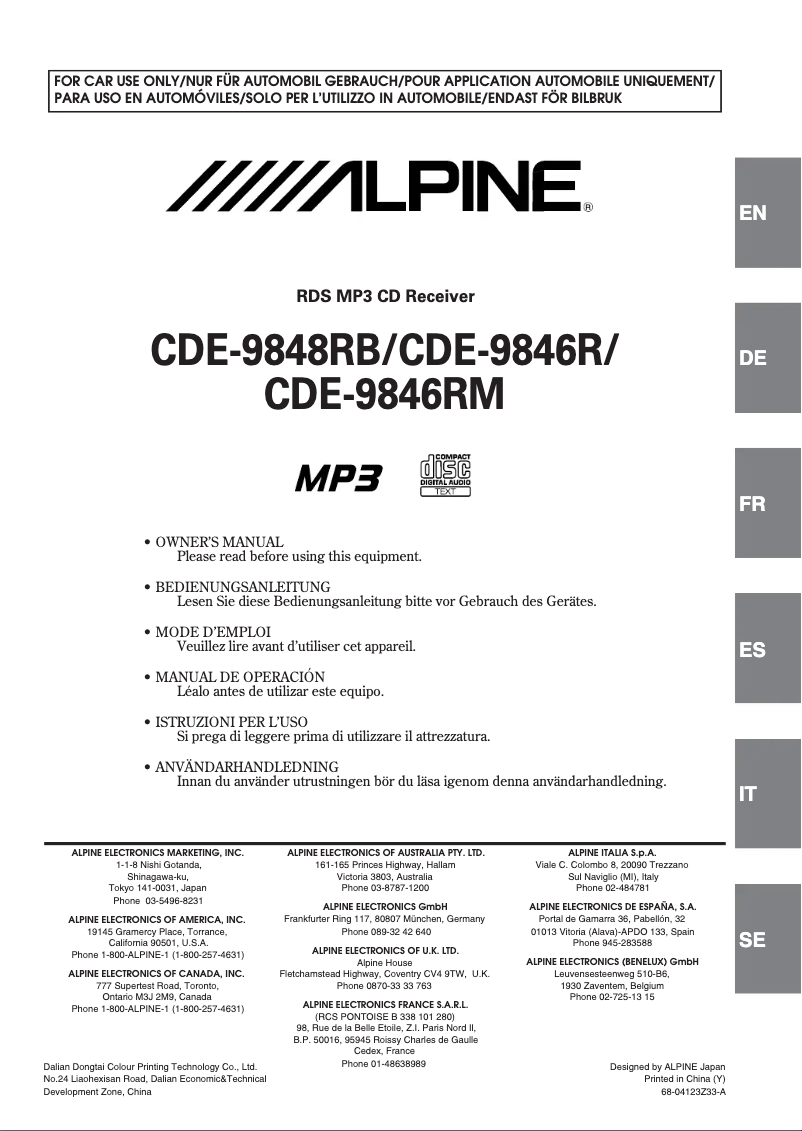 Page 1 of the manual User Manual Alpine CDE-9846RM