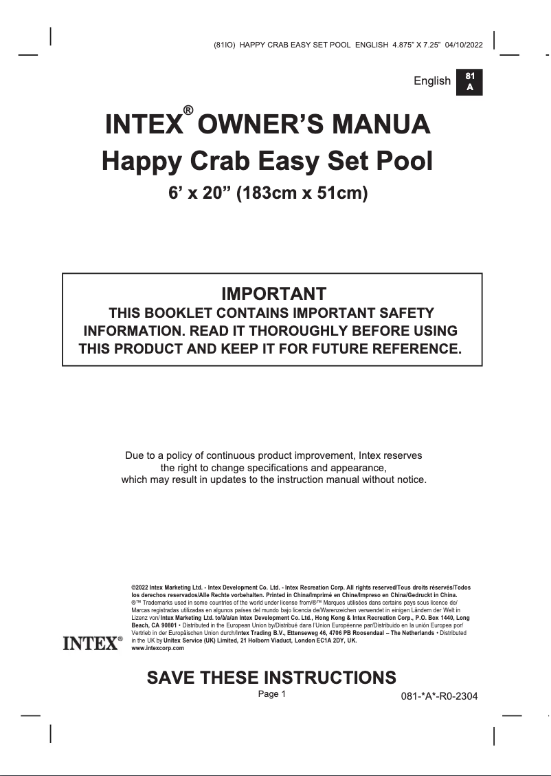 Page 1 de la notice Manuel utilisateur Intex Happy Crab Easy Set Pool