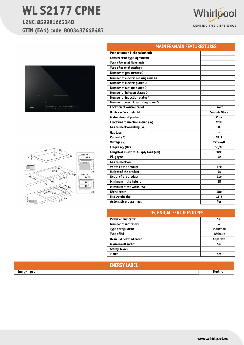 Page 1 de la notice Fiche technique Whirlpool WL S2177 CPNE