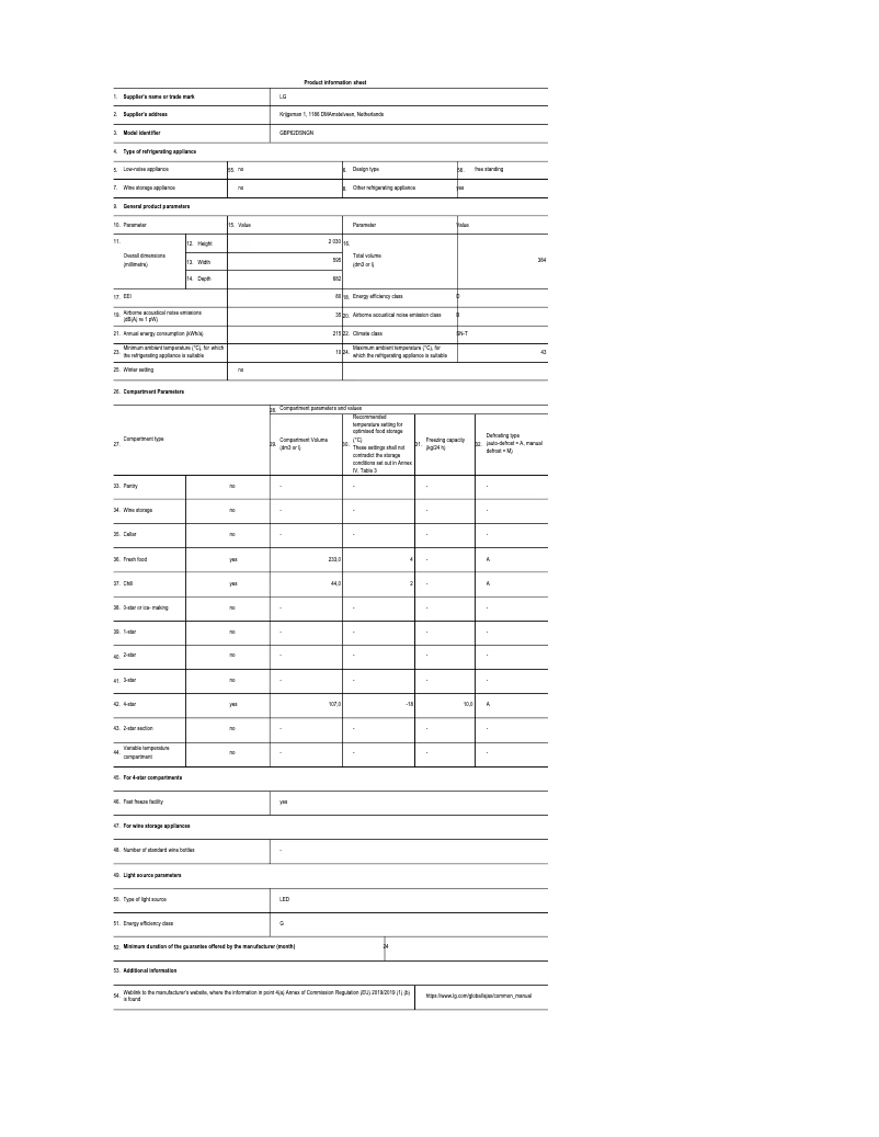 Page 1 of the manual Technical Sheet LG GBP62DSNGN