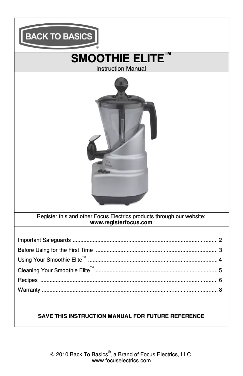 First page image of the manual for Smoothie Elite