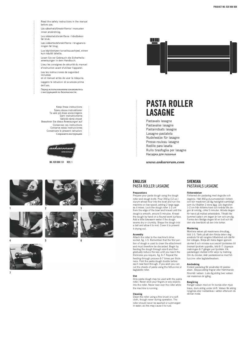 Page 1 of the manual User Manual Ankarsrum Pasta Roller Lasagne