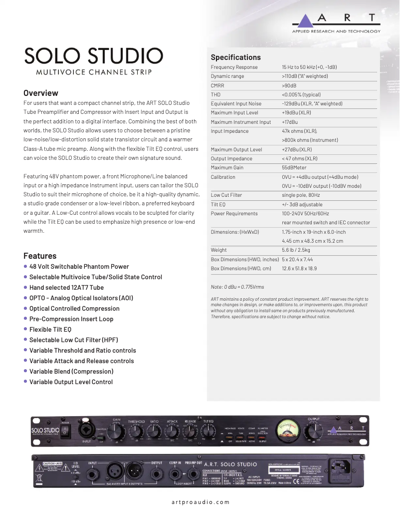 Page 1 of the manual Technical Sheet ART SOLO STUDIO