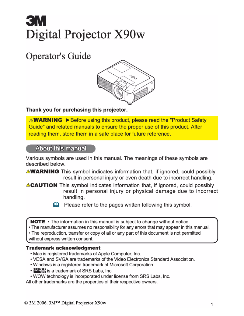 Page 1 of the manual User Manual 3M X90w