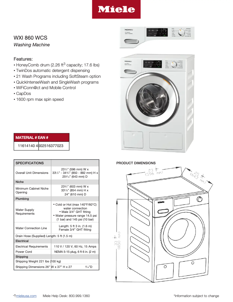 Page 1 of the manual Technical Sheet Miele WXI 860 WCS