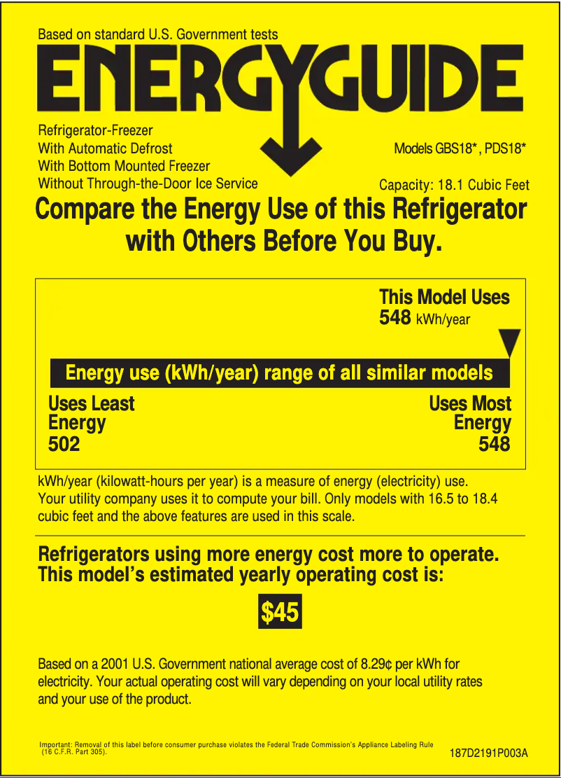 Page 1 of the manual Energy Label GE GBS18KBMCC