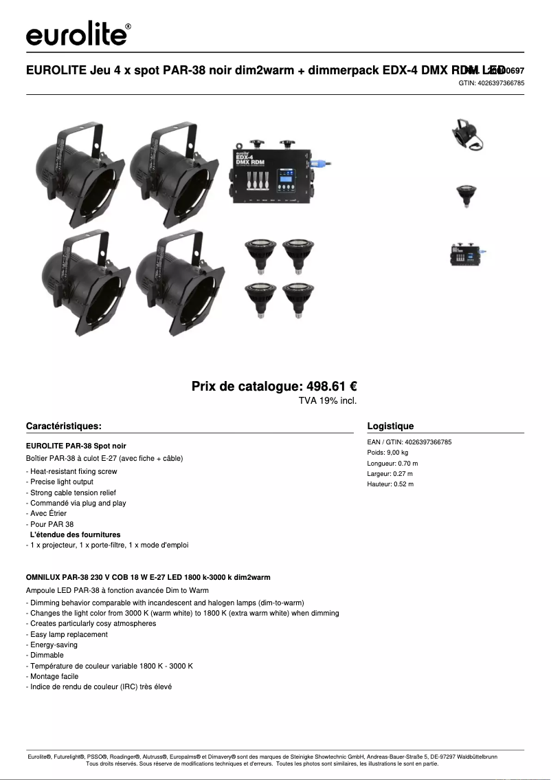 Page 1 of the manual Technical Sheet Eurolite PAR-38
