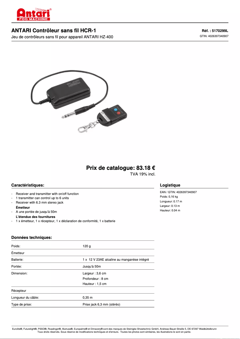 Page 1 of the manual Technical Sheet Antari HCR-1