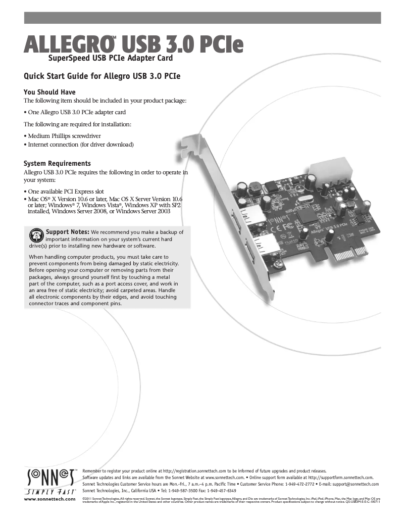First page image of the manual for Allegro USB 3.0 PCIe