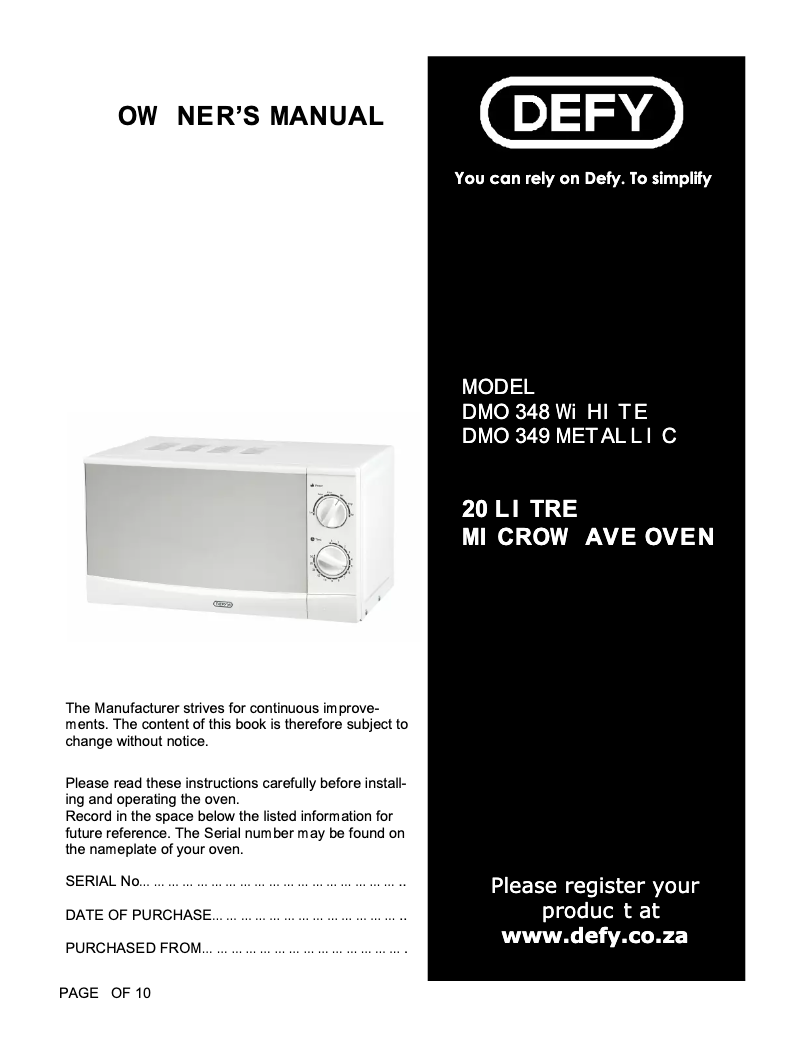 Page 1 of the manual User Manual Defy DMO 348