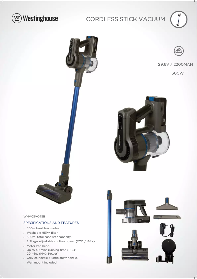 Page 1 of the manual Technical Sheet Westinghouse WHVCSV04SB