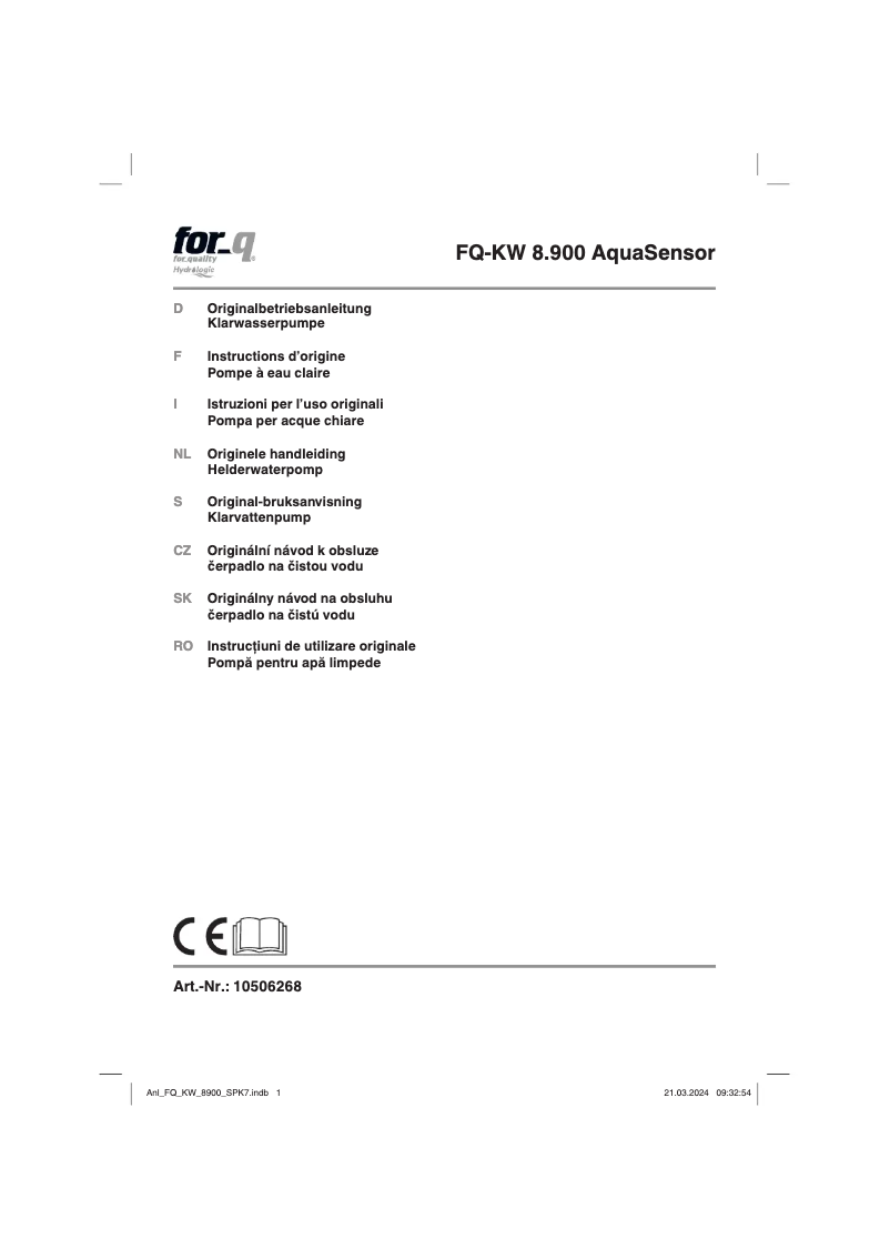 First page image of the manual for FQ-KW 8.900 AquaSensor