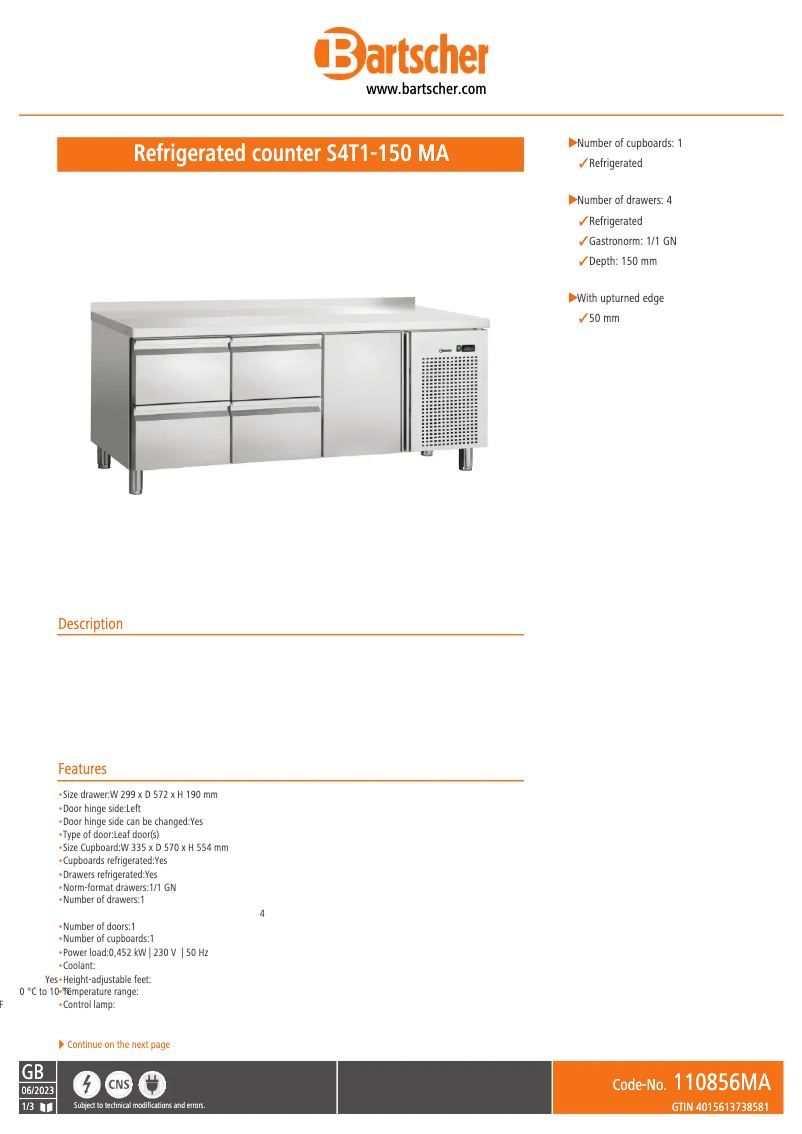 Page 1 of the manual Technical Sheet Bartscher S4T1-150
