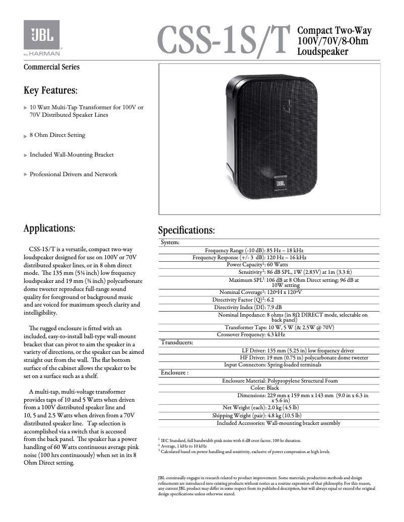 Page 1 of the manual User Manual JBL CSS-1S/T