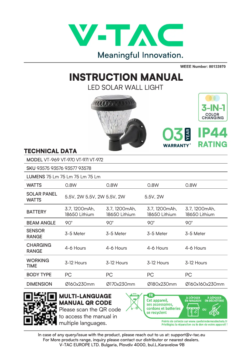 First page image of the manual for VT-969