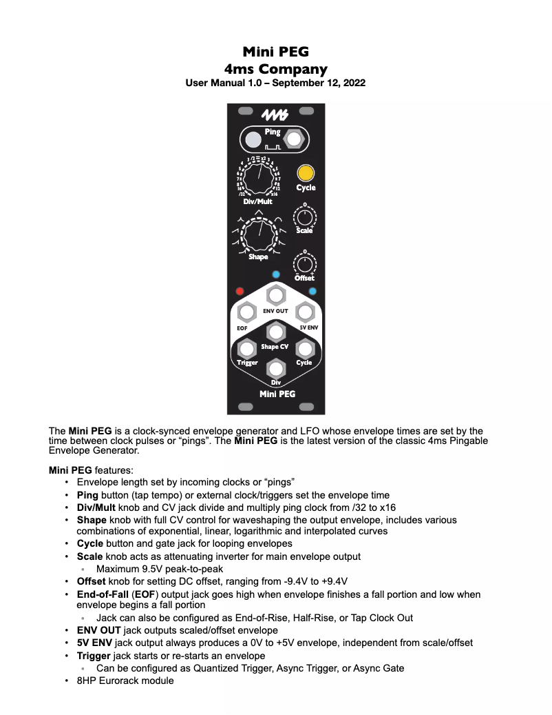 First page image of the manual for Mini PEG