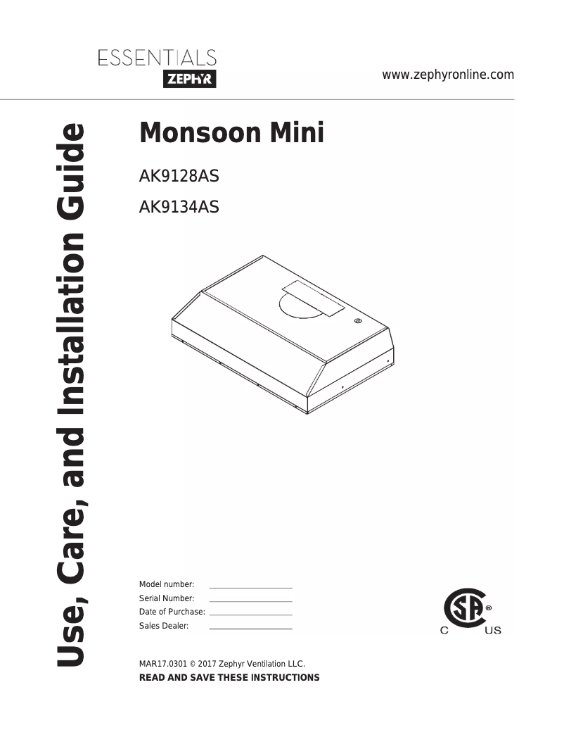 Page 1 of the manual Use and Maintenance Manual Zephyr AK9128ASBF