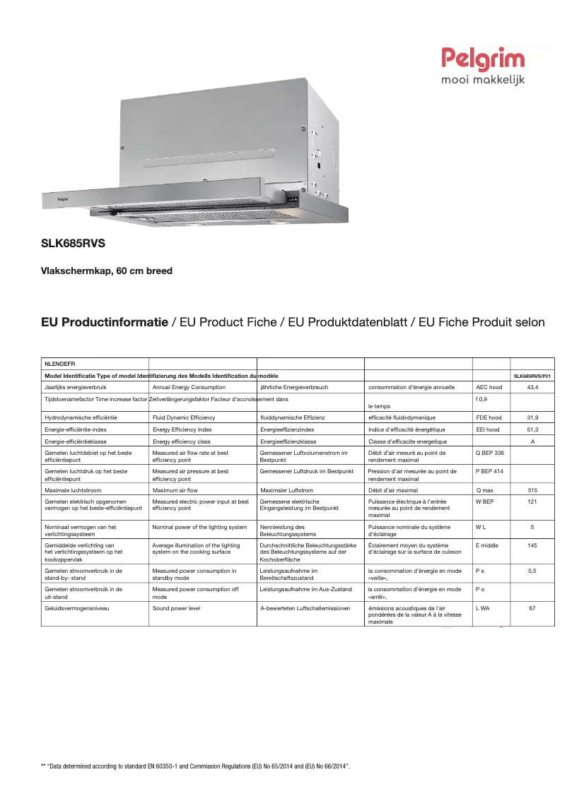 Page 1 of the manual Technical Sheet Pelgrim SLK685RVS