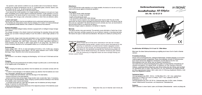 Page 1 of the manual User Manual H-Tronic AR 600plus