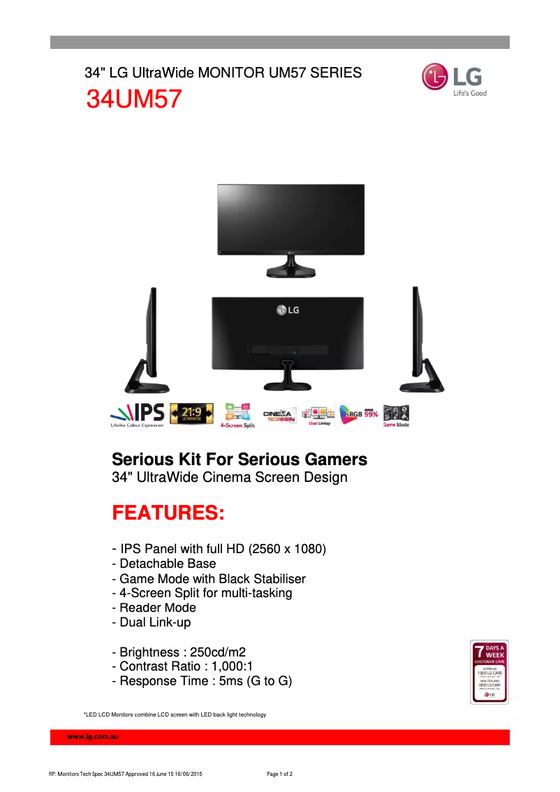 Page 1 of the manual Technical Sheet LG 34UM57