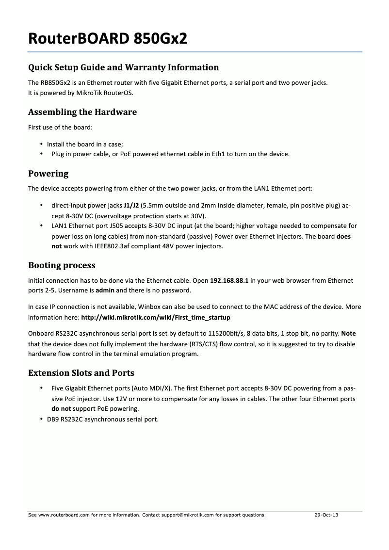 Page 1 of the manual User Manual Mikrotik RB850GX2