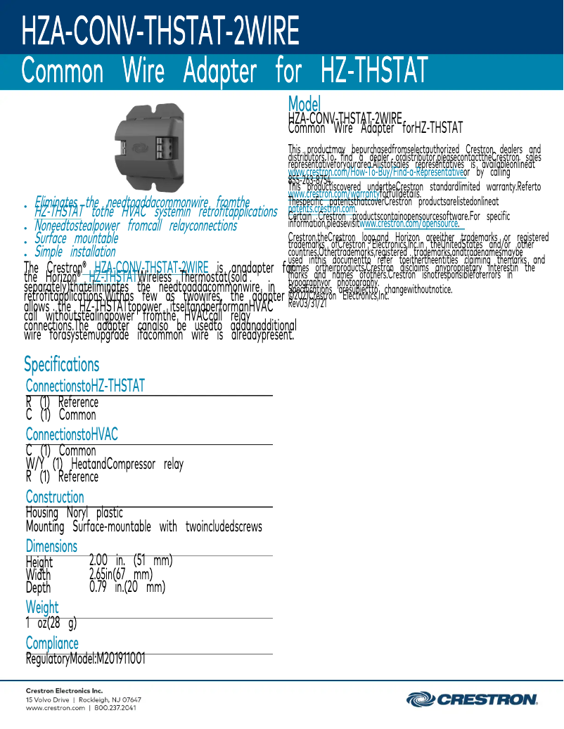 Image de la première page du manuel de l'appareil HZA-CONV-THSTAT-2WIRE
