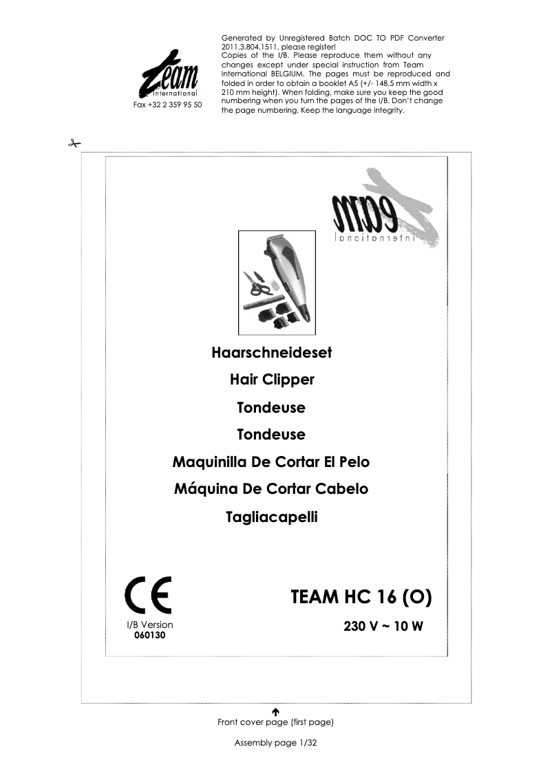 First page image of the manual for HC 16