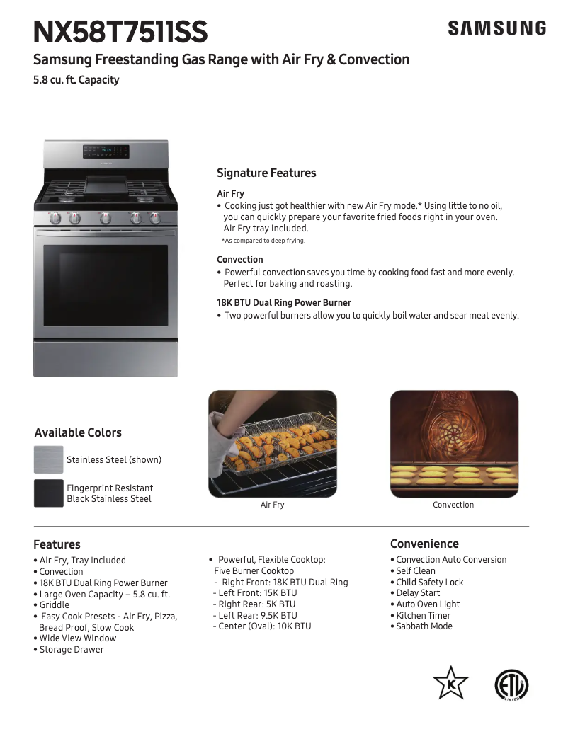Page 1 of the manual Technical Sheet Samsung NX58T7511SG/AA