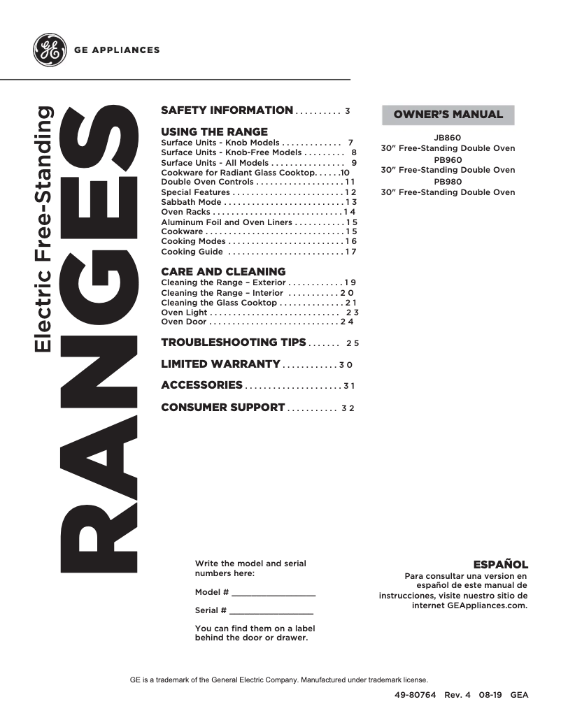 Page 1 of the manual Use and Maintenance Manual GE Profile PB960EJES