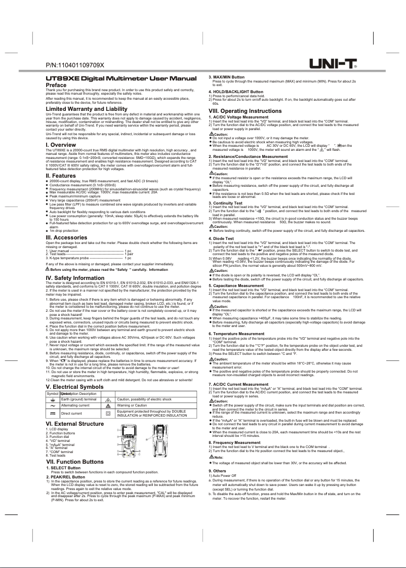 Page 1 of the manual User Manual Uni-T UT89XE