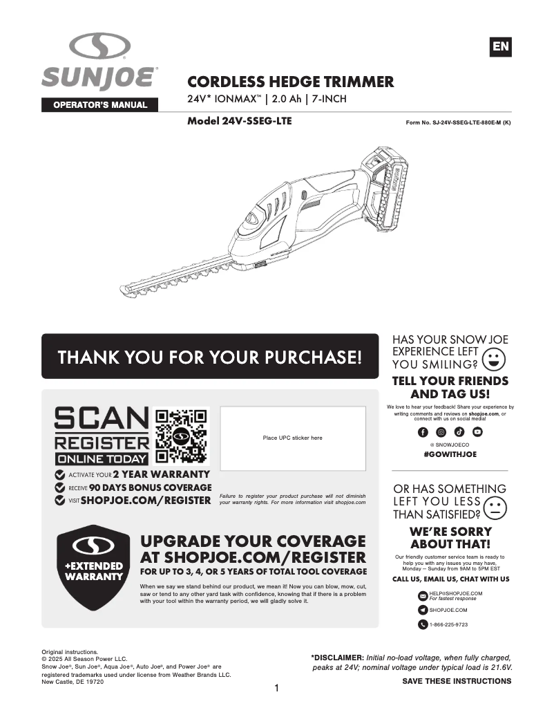 Page 1 of the manual User Manual Sun Joe 24V-SSEG-LTE