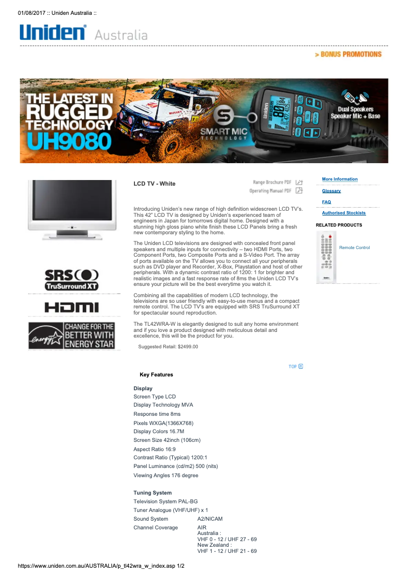 Page 1 of the manual User Manual Uniden TL42WRA-W