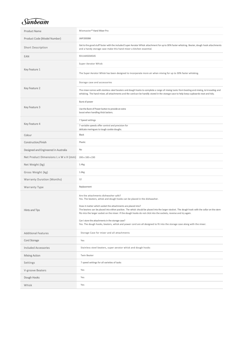 First page image of the manual for Mixmaster JMP2000BK