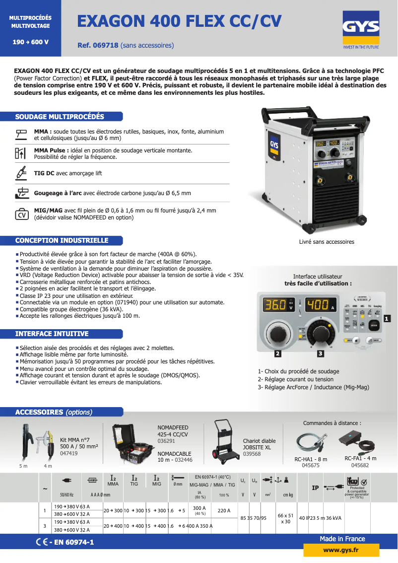 Page 1 of the manual Technical Sheet GYS Exagon 400 Flex CC/CV